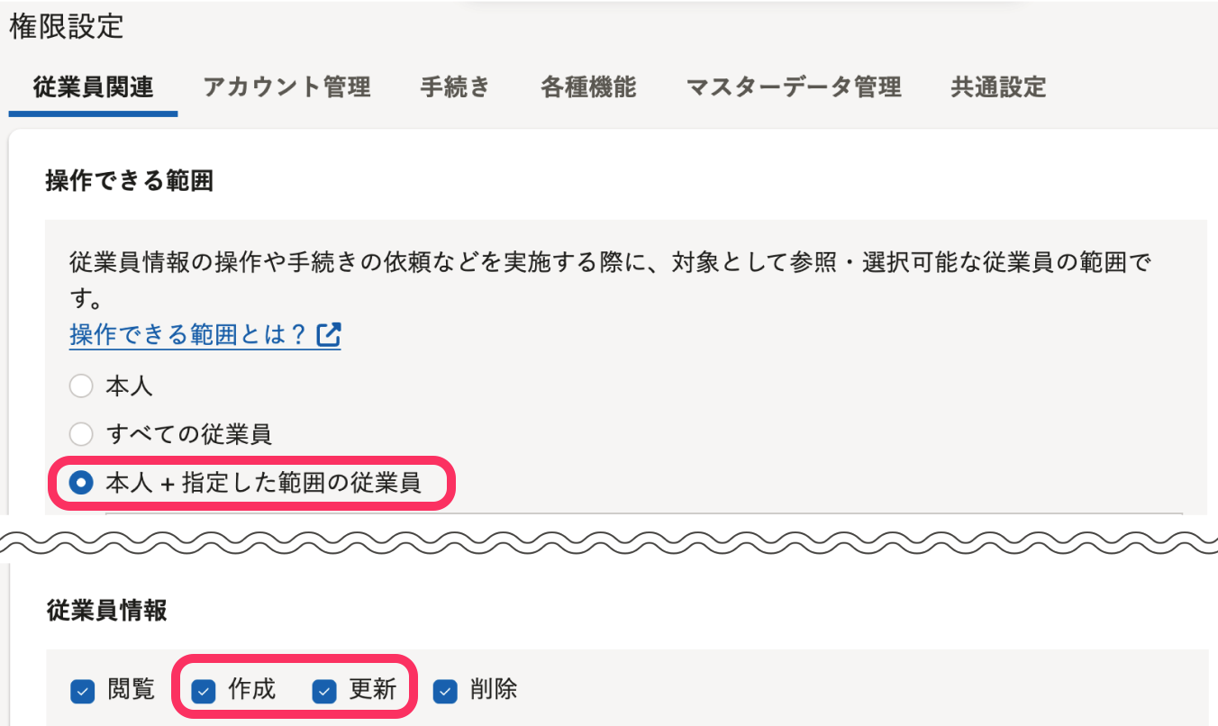 従業員関連の権限設定のスクリーンショット