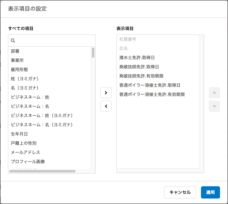 表示項目の設定例
